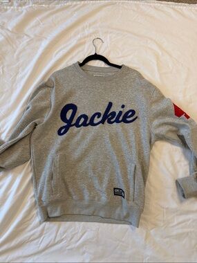 Grey Okayplayer 'Jackie' Script Crewneck/Sweatshirt with Blue Applique